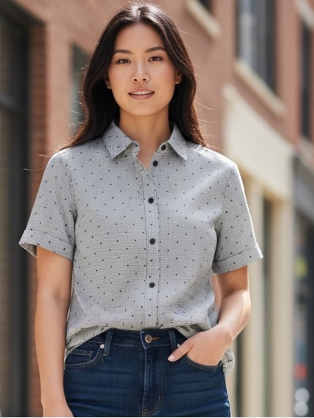 Woman’s Short Sleeve Dot-Print Button-Up Shirt — Sz large